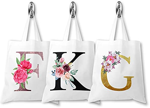 Generic Personalised Floral Watercolour Initial Tote Bag, Pink, Size S, Women's Gift Bag, Adults, Machine Wash, Polyester, 100% Polyester, 38cm x 42cm