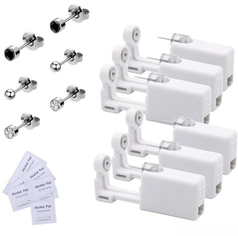 Voarge 6 piezas Pistola de perforación del oído, desechables estériles Kit de seguridad sin dolor (Plata, Negro)