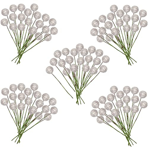 100 Pcs Christmas Holly Berries Artificial Glitter Silver Holly Berries,Christmas Berries Silver Berry Stems for Wreath Decorations Craft Christmas,Xmas Tree,Garland DIY Craft Wire Berries Party Decor