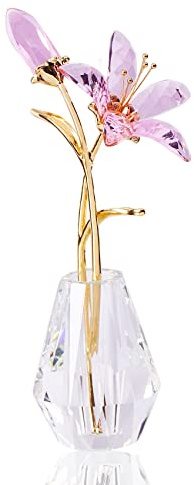 Movdyka Crystal Lily Flower Figurine with Stems, Handmade Collectible Statue for Decoration Mothers Day, Centerpiece, Bridal Shower Gift Pink