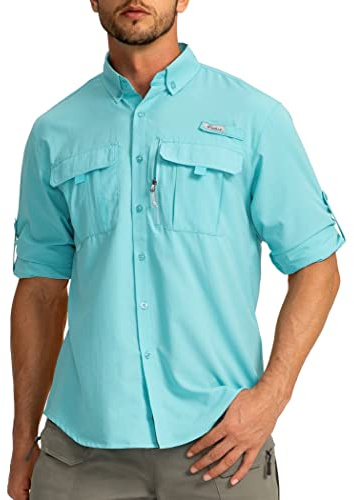 Men's Sun Protection Fishing Shirts Long Sleeve Travel Work Shirts for Men UPF50+ Button Down Shirts with Zipper Pockets(Waterfall XX-Large)
