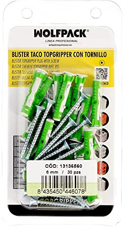 WOLFPACK LINEA PROFESIONAL - Blister Chevilles Topgripper bi-matière avec vis Ø 6 mm. 30 pièces chevilles ancrages universelles, chevilles béton, chevilles plates