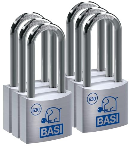 BASI | 6er Set Vorhangschloss | 40 mm | gleichsperrend | hoher Bügel | massives Aluminium-Gehäuse | gehärteter Stahlbügel | sicheres Vorhängeschloss gleichschließend | Bügelstärke 6 mm | 6 Stück