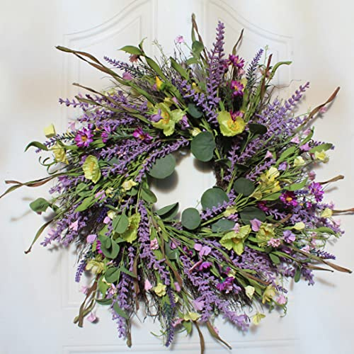 Lavender Wreaths, 60cm/23.6inch Artificial Lavender Wreath with Wildflower, Lifelike Front Door Hanging Garland Ornament for Chritmas New Year Wedding Party Decoration