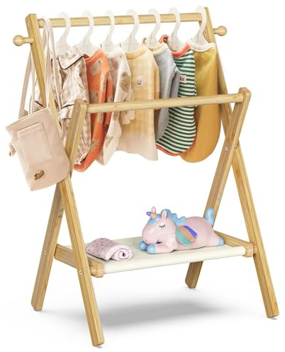 BAMBOOHOMIE Perchero para ropa de bebé para baby shower, mascotas, muñecas, perchero de ropa de bebé con estante de almacenamiento y varillas dobles, perchero para ropa para niños pequeños, mini