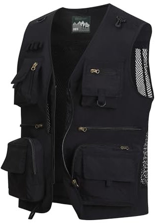 MeiLayM Herren Outdoor Weste Anglerweste mit Mehreren Taschen Leicht Fotografie Weste Sommer Multifunktionsweste Camping Jagd Weste Atmungsaktiv Ärmellos Jacke Schwarz,XXL