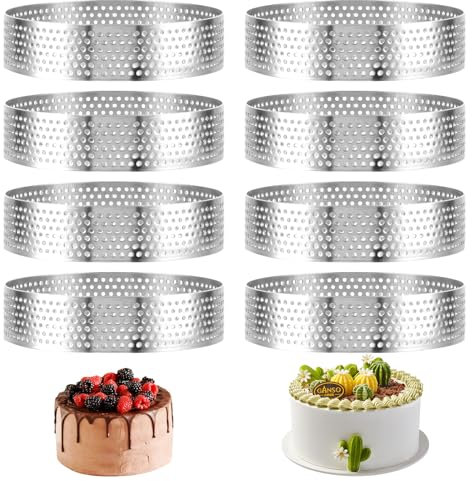 VIDETOL 8 Stück Mousse Tartelette Förmchen, dessertringe 8cm, Runde Tortenring mit LöChern, Edelstahl Mousse Ring für Kochen Backen