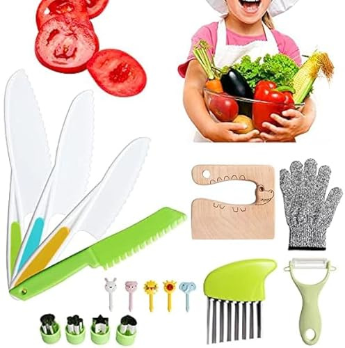 Generic Juego de 17 cuchillos infantiles para niños, juego de cuchillos de plástico para niños, juego de cocina para niños, juego de cuchillos para niños, tabla de cortar para frutas, pan, verduras