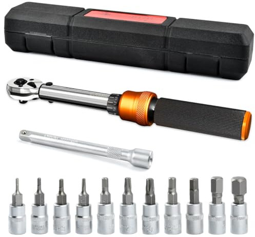 USENG13Piezas Llave Dinamometrica Carraca Reversible para Motocicleta,1-25nm,1/4ft Dinamometrica,72 Dientes,Chave Dinamométrica Viene con Barra de Extensión,Llave de Vaso Allen y Llave de Vaso Ciruela