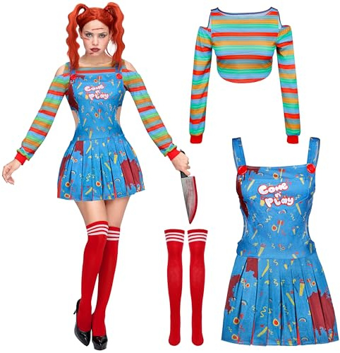 Spooktacular Creations Damen Killerpuppenkostüm, Clown Cosplay Kleid mit Regenbogen T-Shirt, Strapsrock und kniehohen Strümpfen für Halloween Party Kostüm