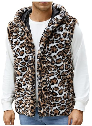 Beokeuioe Gilet en fausse fourrure pour homme - Motif léopard - Gilet d'hiver en fourrure synthétique - Col montant chaud - Veste d'hiver en peluche - Sans manches - Manteau en fausse fourrure - Veste
