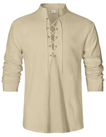 LVCBL Chemise médiévale en Lin pour Homme - Style rétro Traditionnel - À Lacets - M-3XL