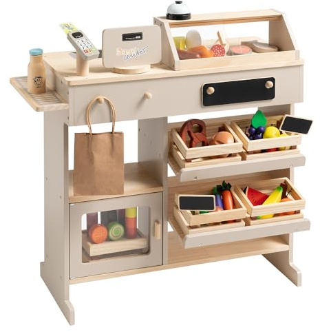 howa 47559 Magasin de marchand en bois avec 40 accessoires de magasin, caisse de jeu avec lecteur de cartes à jouet, tableau pour craie, vitrine, beige
