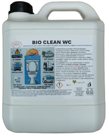 BIO CLEAN WC Disgregante Profumato per WC Chimici e Toilette Portatili, Azione Antiodore, Previene Fermentazione, Ideale per Camper Roulotte Yacht e Bagni Portatili, Tanica 5 kg con Beccuccio Dosatore
