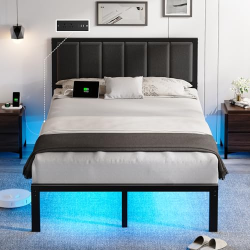 OLEVS Full Bed Frame with Headboard Metal Platform Bed Full Size with USB Charging Station and LED Lights, No Box Spring Needed