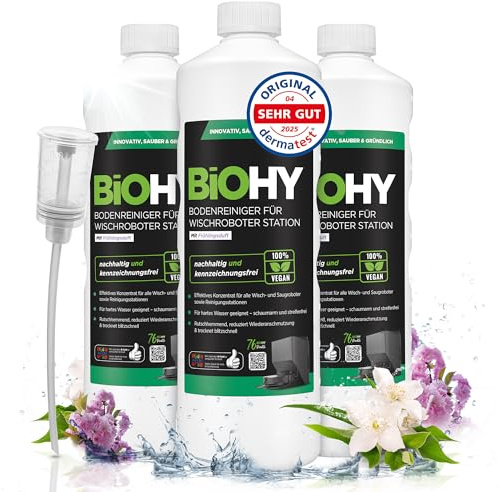 BiOHY Golvrengöring för torkrobotstation med vårdoft (3 x 1 liter) doserare | rengöringsmedel koncentrat för alla torkar och robotdammsugare med våtfunktion | skumarm och randfri