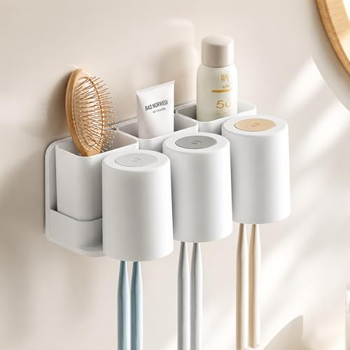 Porta Cepillos De Pared con 3 Vasos + 3 Compartimentos Extraíbles, Organizador De Baño Adhesivo Sin Taladrar, Multifuncionales Soporte Higiénico Familiar