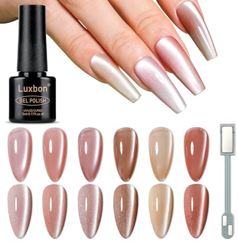 Luxbon 6 piezas Cat Eye Magnetic Gel Esmaltes de Uñas Semipermanentes Set - Fall Colour Set Esmalte en gel de otoño de larga duración, uv led Soak Off Nail Art Designs Kit de manicura 026