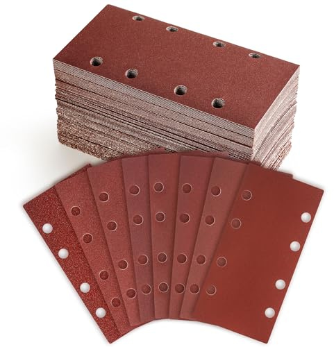 100 Pièces Papier Ponceuse Rectangulaire, 93 X 185 mm Feuilles Abrasives Grains 40/60/80/120/180/240/320/400,Abrasives Papier pour Ponceuse Vibrante Polir et Enlever La Rouille
