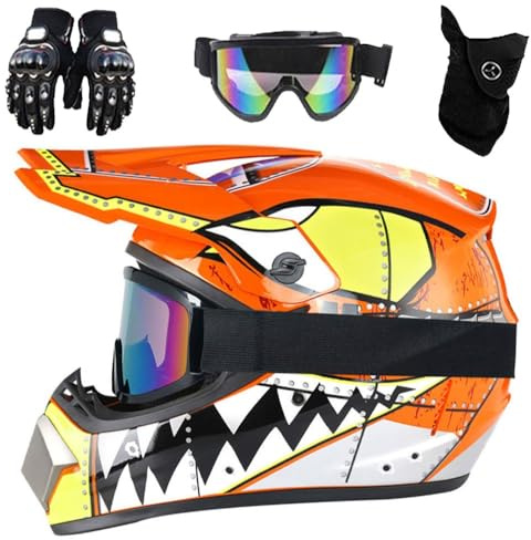 Casco da Motocross Per Bambini, Omologato DOT, Casco da Cross Per Adulti E Ragazzi Dai 9 Ai 14 Anni, Per ATV, BMX, Mountain Bike, Quad, Con Occhiali, Guanti E Maschera(905 YC Orange,S(52-53cm))