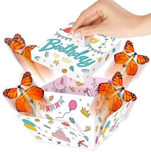 FETTIPOP Premium Volante Farfalle Scatola Regalo Compleanno (bianca), Pacco Regalo Sorpresa Esplosiva Divertente, Confezione Regalo 14x14cm.