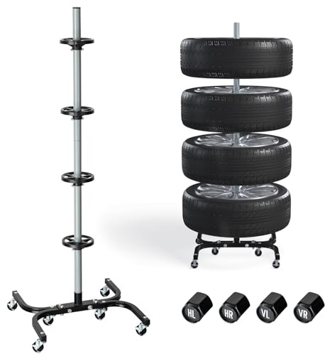 Felgenbaum XL fahrbar für Autoreifen bis 295mm – Reifenständer belastbar bis 150kg inkl. Reifen Markierer – Reifenbaum mit Rollen & Feststeller – Felgenständer für 4 Reifen/Felgen 16-24 Zoll