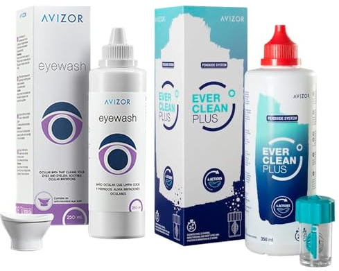 Ever Clean Plus 350ml + Eyewash 250ml | Limpiador Lentes Contacto 2h Sin Conservantes | Baño Ocular | Para Lentillas Blandas y Rígidas RPG Orto-k
