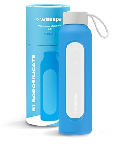 Wessper glasflaska med silikonhölje, borosilikatglasflaska med tidsangivelse 500 ml, sportflaska Perfekt för träning, skola, sport, barn, BPA-fri drickmotivation- Ocean