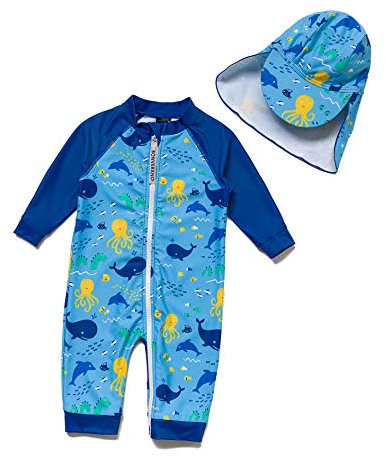 BONVERANO bébé garçon Maillot de Bain Une pièce à Manches 3/4 avec Protection UV 50+ avec Fermeture éclair（Bleu-Ocean，18-24 Months）