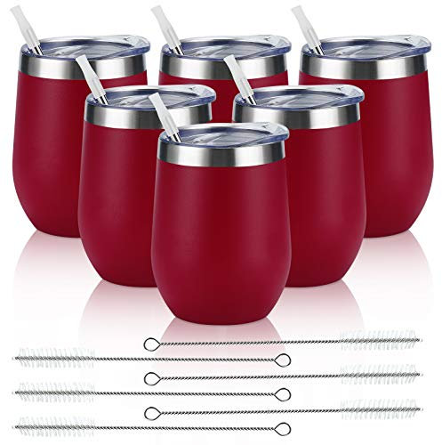 6 Pack Stainless Steel Wine Tumblers, 12Oz Insulated Wine Tumbler, Double Wall Insulated Wine Glass, Stainless Steel Stemless Wine Cups with Lids for Coffee, Wine, Cocktails, Champaign, Wine Red