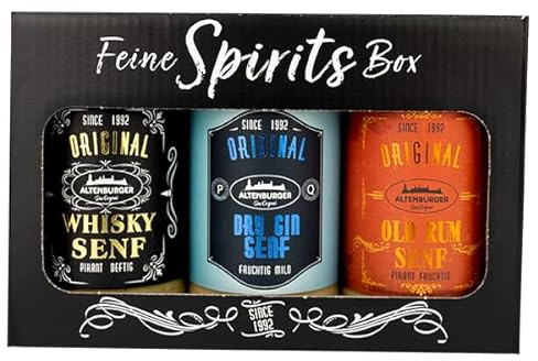 Altenburger Original Feine Spirits Box mit Whisky Senf (200 ml), Dry Gin Senf (200 ml) und Old Rum Senf (200 ml), Senf Mittelscharf
