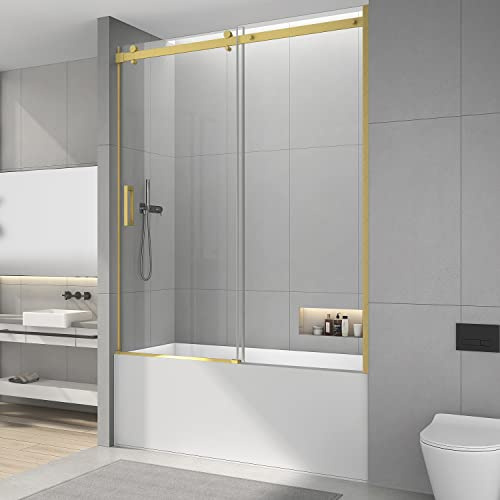 Sunrosa Semi-Frameless Tub Shower Door, 59-2/8W 60 H Single Sliding Door With Tempered Glass 5/16(8mm) for Bathtub in Brushed Gold
