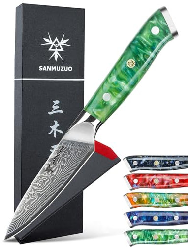 SANMUZUO Schälmesser Damastmesser 9 cm Klinge - Japanisches Obst und Gemüsemesser Officemesser - VG 10 Damaskus Stahl Küchenmesser mit Harzgriff - Xuan Serie(Smaragd Grün)