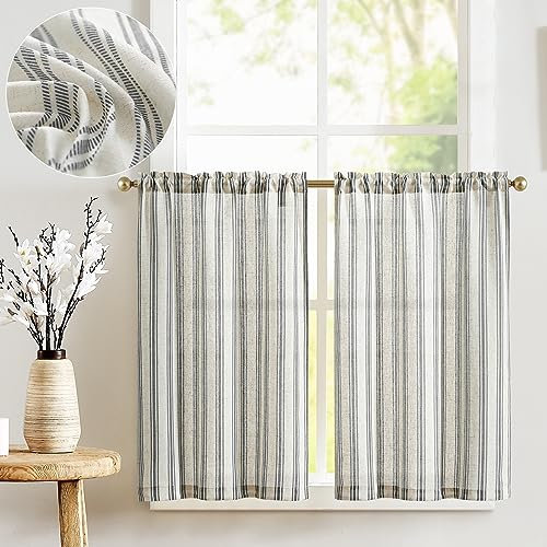 TOPICK Kitchen Curtains Linen Striped Cafe Curtains 24 Inch Drop Small Window Translucent Ticking Stripe Light Filtering Curtain 2 Panels for Farmhouse Bathroom Laundry Black Stripe