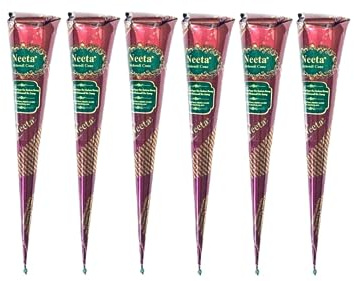 6 X Neeta Mehndi Cones Neeta Henna Cones For Temporary Body Art Tattoo All Natural Herbal Pure Henna Paste Cones (Neeta Henna Cones x 6)