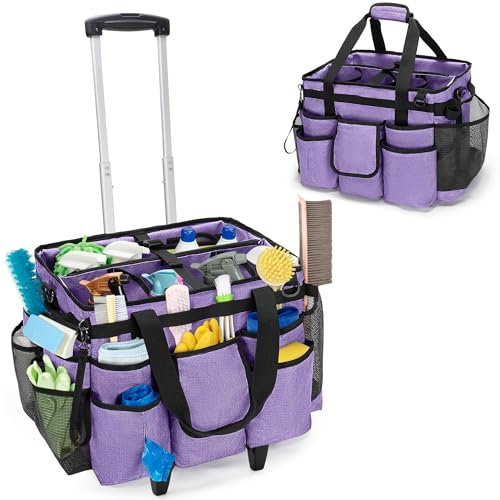 LoDrid Rolling Cleaning Caddy with Detachable Trolley, Portable Cleaning Cart on Wheels for Cleaning Supplies with Shoulder Strap for Housekeepers, Purple