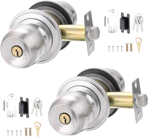 PATIKIL Key Entry Door Knobs Interior 70mm/2.8inch, 2 Pack Round Stainless Steel Bedroom Bathroom Door Knob with Zinc Lock Entry Indoor Outdoor Door, Silver