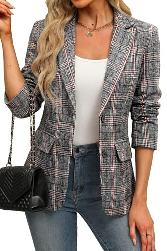 ELLEVEN Womens Casual Plaid Blazer Lapel Collar Double Button Long Sleeve Boyfriend Blazer Suit Houndstooth Plaid Blazer Jacket Business Work Office Blazer Suits Grey Red Plaid Large