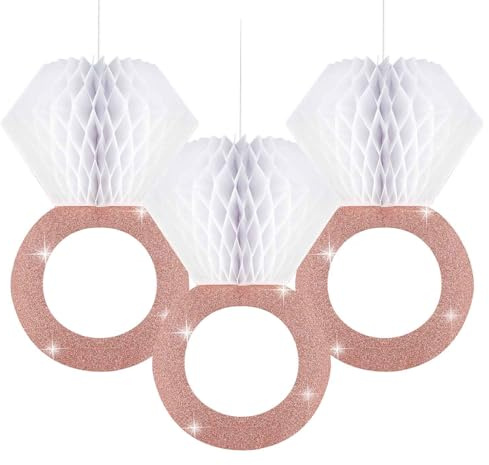 3 Pieces Honeycomb Diamond Ring Hanging Decorations for Wedding Party Bridal Shower Engagement - Glitter Gold Paper Balls Supplies for Engaged Decor (Rose Gold)