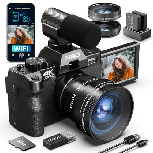 NBD 4K Digitalkamera 48MP mit 16X Zoom, 4K/60fps Video, 3 180° klappbarem Display, WiFi – Inkl. Weitwinkel/Makro-Linse + 2 Akkus (32GB Karte + Mikrofon) - Schwarz