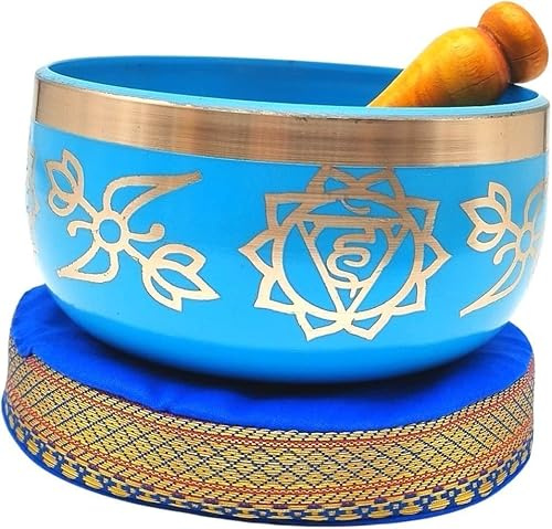 Juego de cuenco tibetano azul cielo con mazo y cojín, cuenco tibetano hecho a mano para meditación, terapia de sonido, yoga y prácticas espirituales | Caja de regalo de papel Lokta con Kajal