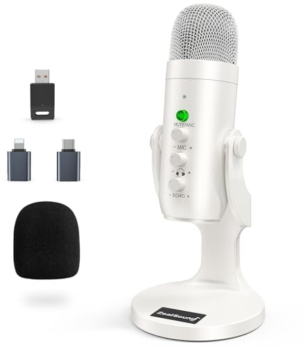 zealsound Micrófono Inalámbrico, Micrófono Gaming USB de Escritorio de Condensador para iPhone/PC/iPad/Android – Silencio, Eco, Monitor, Ganancia, 2.4GHz para Podcast, ASMR,Video, Youtube