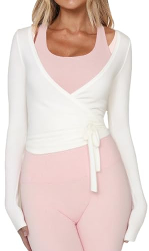 Women Ballet Wrap Top Long Sleeve Self Tie Dance Shirt Pilates Yoga Tops Y2k Workout Active Blouses (US, Alpha, Medium, Regular, Regular, White)