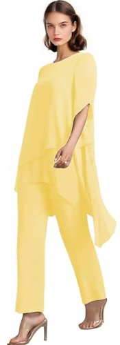 Completo pantalone per la madre della sposa da donna, 2 pezzi, in chiffon con maniche a sbuffo, elegante abito formale da invitata al matrimonio, Giallo, 20 Plus