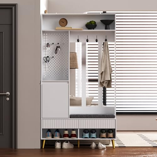 Generiskt garderobset, vägggarderob, set med skobänk och väggpaneler, garderobsställ, med 4 klädkrokar, 2 lådor och 1 dörr, skoskåp för hallmöbler, vit, 100 x 35 x 180 cm (vit)