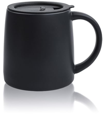 Calkkrer Taza Clásica 400 ml Taza Grande de Café con Asa Taza de Té de Porcelana de Cerámica Suave Mate (Tapa Corrediza Azul Oscuro)