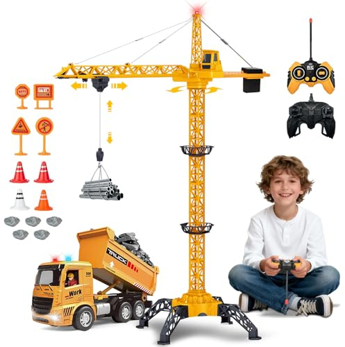 Ferngesteuerte Turmkran 138 cm Höhe, RC Kran Spielzeug mit 2,4 GHz Fernbedienung, RC Muldenkipper, 6 Kanäle Turmdrehkran, 680 Grad Rotation Ferngesteuerte Tower Crane mit Lichter, Sound für Kinder
