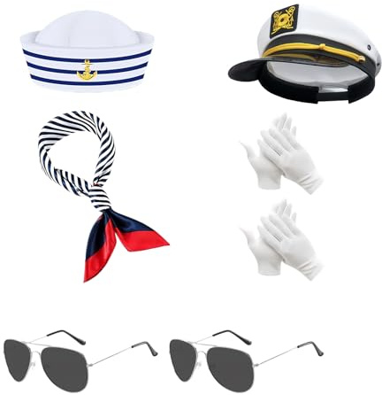 Eowppue Costume Marinaio Donna Set 7 Pezzi Accessori Festa Yacht Include Cappello da Capitano Sciarpa Rigata Guanti Occhiali Cosplay Travestimento Mare Estate Carnevale