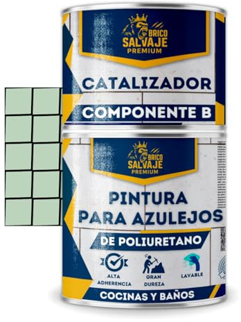 BRICOSALVAJE Pintura para Azulejos de Poliuretano Dos Componentes Satinado, Baño y Cocina, 600+150 ml, Alta Adherencia Resistente a Humedad (Hierba Dulce)