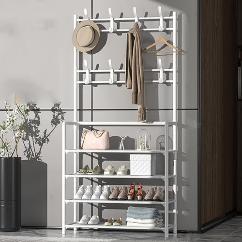 8 krokar metallklädhängare stativ med 4 hyllplan snygg fristående hallträd för entré vardagsrum sovrum platsbesparande 80 x 25 cm modern design